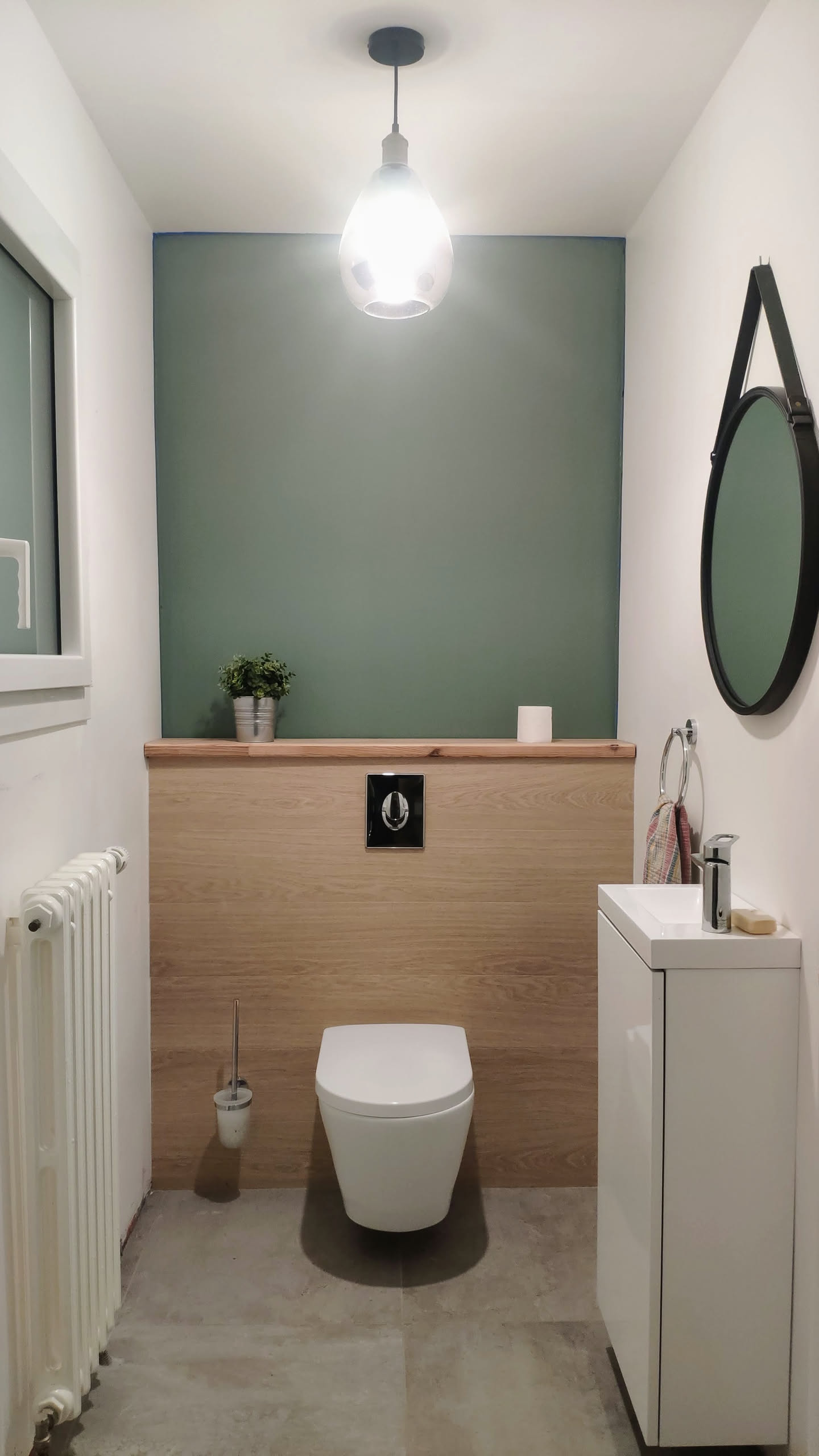 WC terminé - Vue montrant le mur vert sauge et le panneau en bois