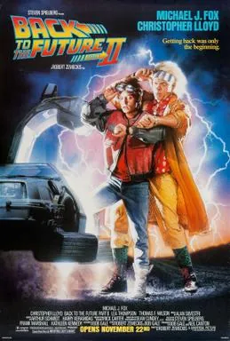 Affiche de Retour vers le futur II : Marty et Doc sortent de la DeLorean et regardent leurs montres.