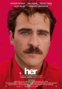 Affiche de Her : gros plan d'un homme à moustache, en chemise rouge, sur fond rose.