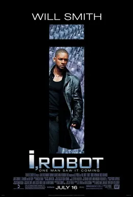Affiche de I, Robot : Will Smith en manteau noir, devant une foule de robots identiques.