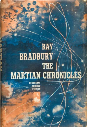 Couverture de la première édition des Chroniques martiennes : le nom de Ray Bradbury et le titre sur un ciel bleu et orange traversé d'orbites.