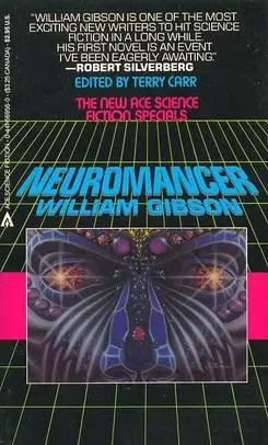Couverture de la première édition de Neuromancien : le titre et le nom de William Gibson en lettres bleues sur une grille verte, au-dessus d'un papillon mécanique violet.